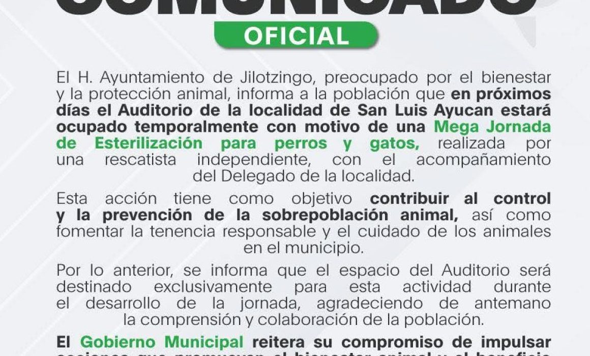 Ayuntamiento de Jilotzingo cierra temporalmente el auditorio por jornada de esterilización de animales