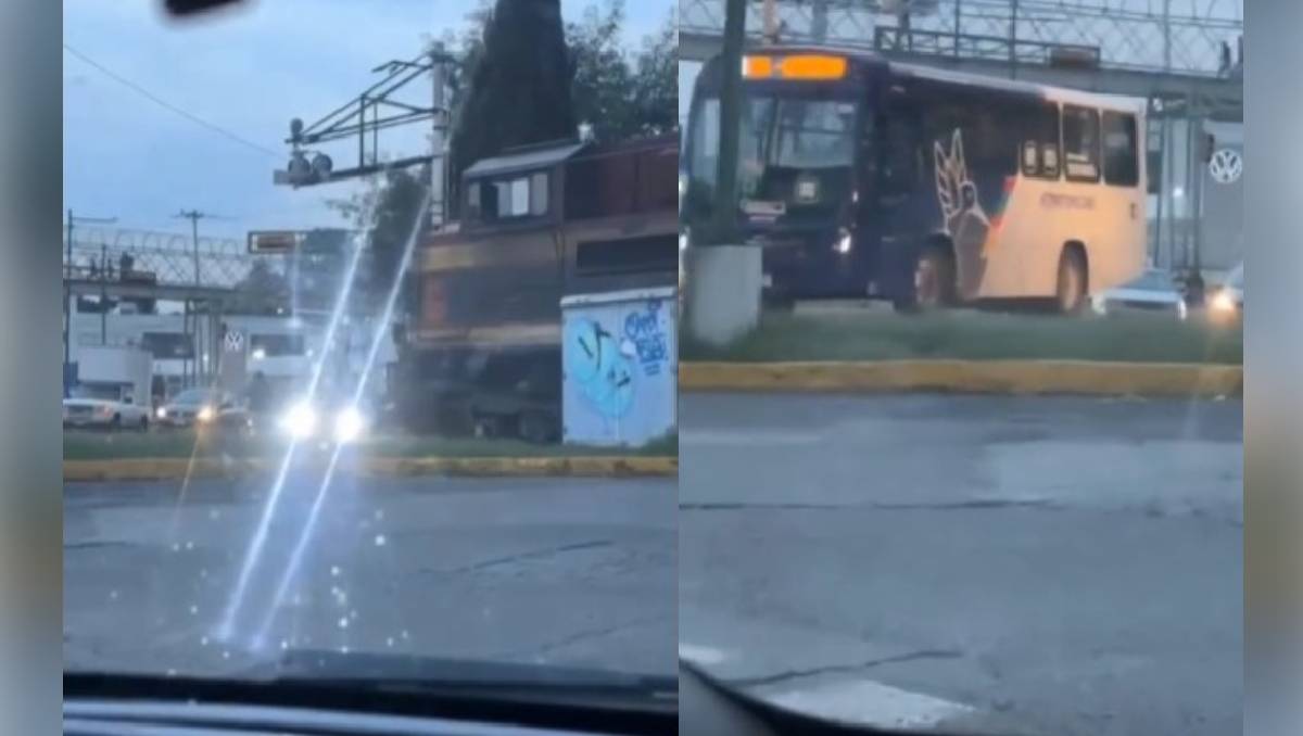 Captan a autobús en Toluca cruzar peligrosamente frente a tren y generar preocupación