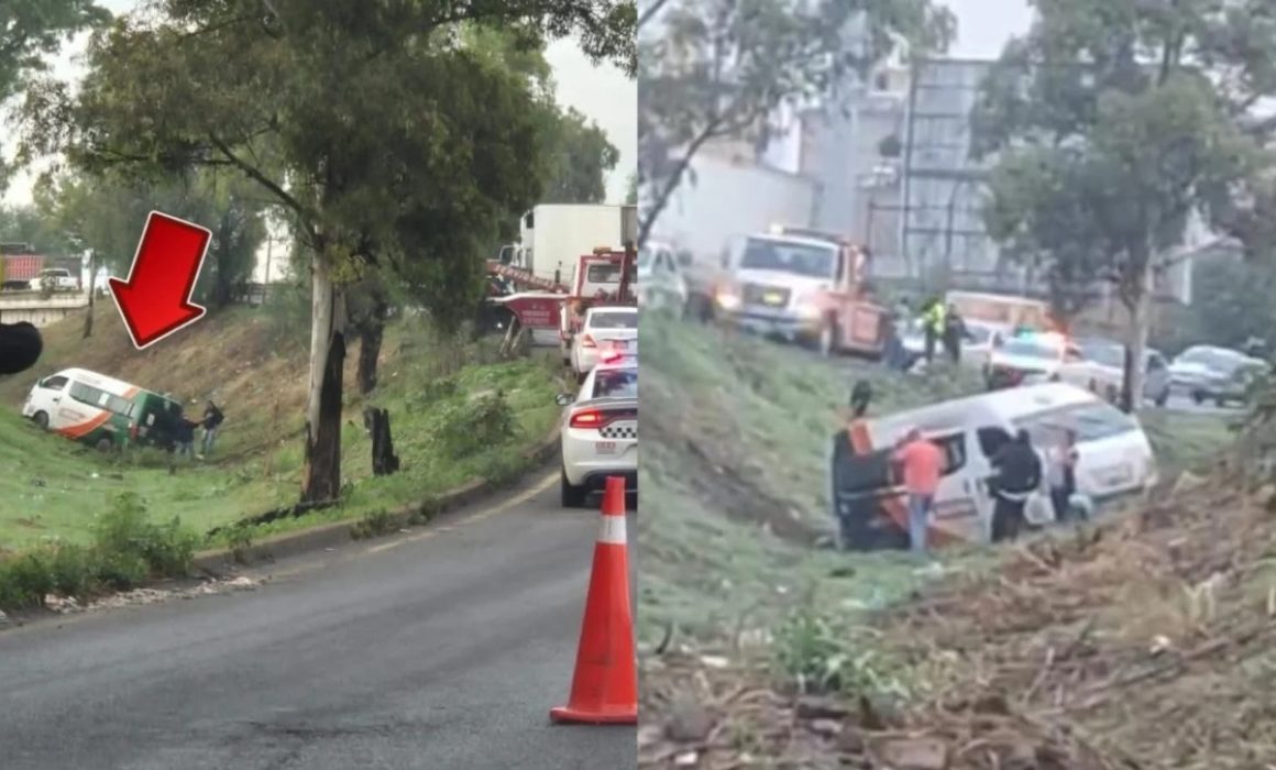 Choque y volcamiento de transporte público en carretera Texcoco-Lechería