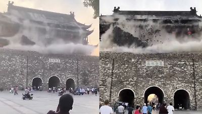 Colapsa techo de la Torre del Tambor de Fengyang, China, a un año de su restauración (Video)