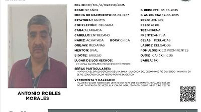 Desaparece en Tollocan un hombre que requiere atención médica y busca a su familia desde junio