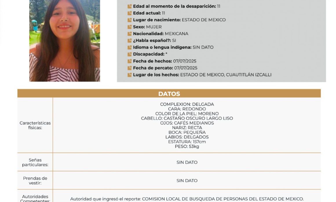 Desaparece niña de 11 años en Cuautitlán Izcalli; continúa la búsqueda y genera alerta social