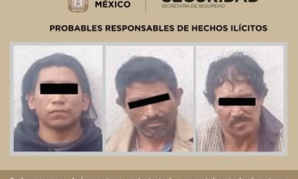 Detienen a tres personas por robo con violencia, tráfico de armas prohibidas y drogas en Edomex