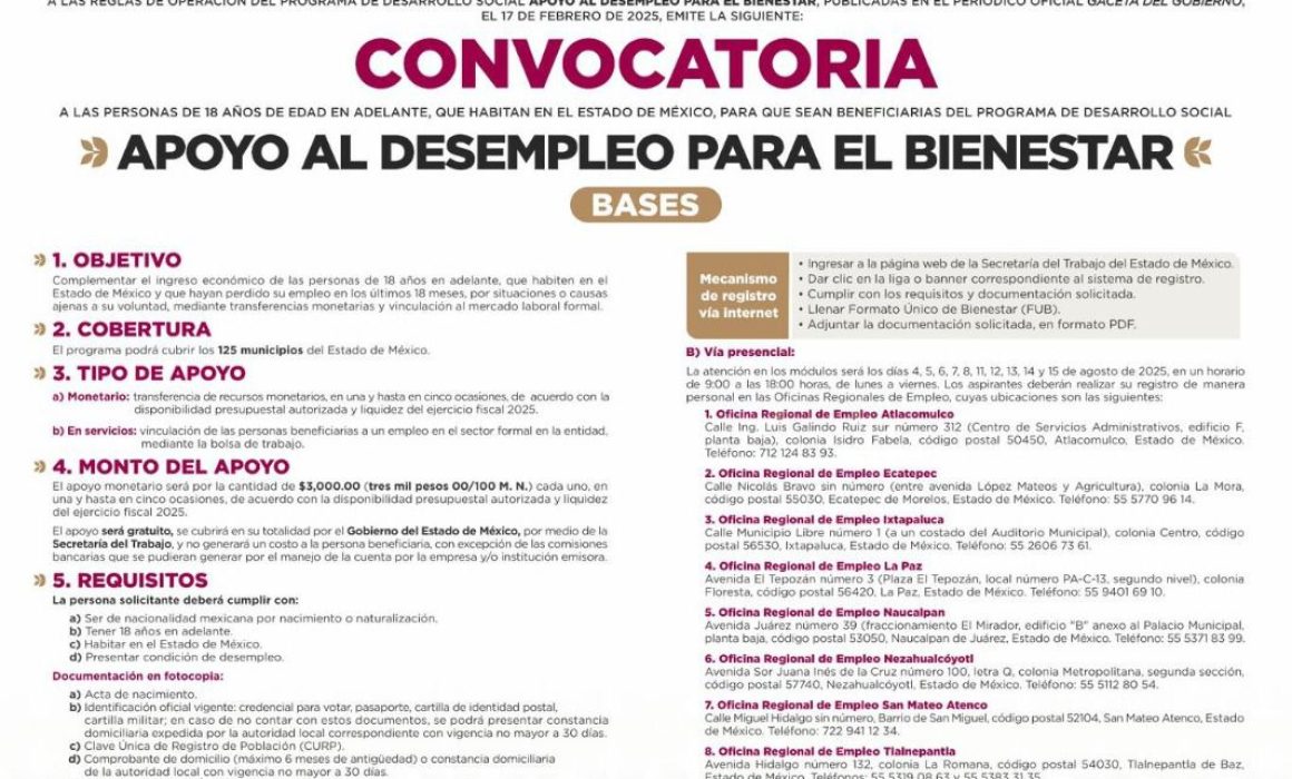 Edomex abre inscripción para apoyo económico a desempleados vulnerables en 2025