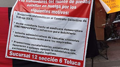 Empleados del Monte de Piedad en Toluca inician huelga por violaciones laborales y ataques sindicales