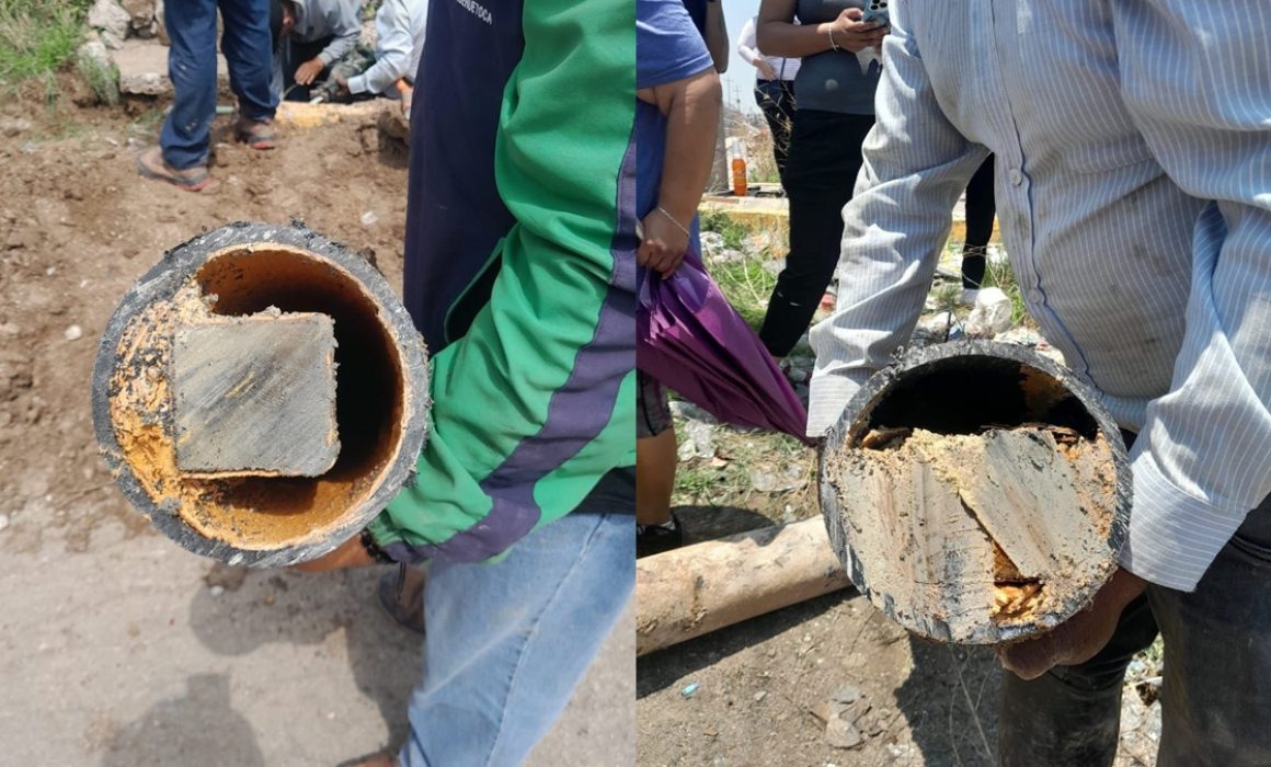 Encuentran polines y residuos en tubería de agua potable en Huehuetoca, afectando el suministro