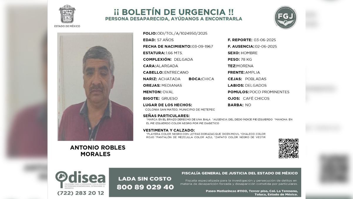 Hallan sin vida a Antonio Robles, desaparecido en Metepec desde junio, en Toluca