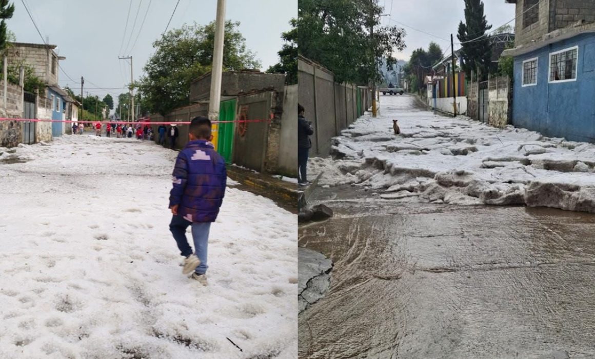 Intensa granizada de hasta 30 cm sorprende a habitantes de Ozumba y causa daños en Santiago Mamalhuazuca