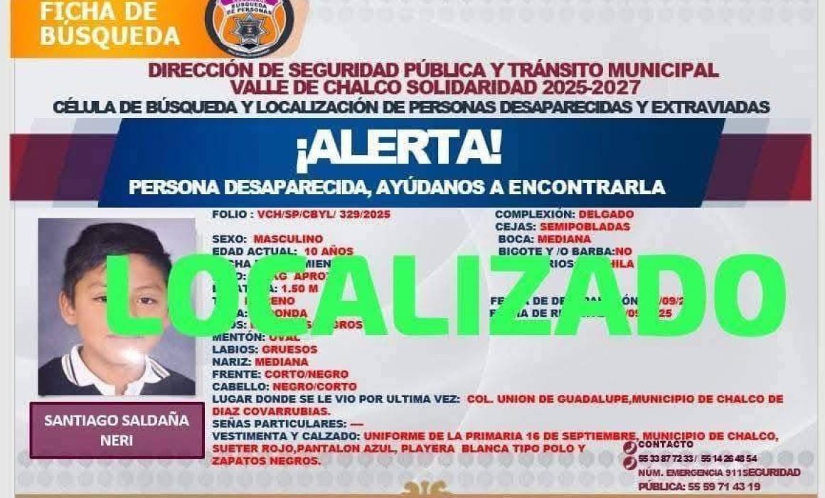 Localizan con vida a menor sustraído de primaria en Chalco tras operativo conjunto