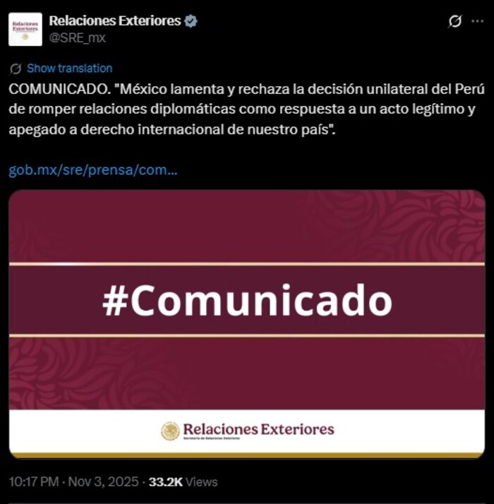 México condena la ruptura diplomática de Perú y defiende su decisión de conceder asilo a Betssy Chávez