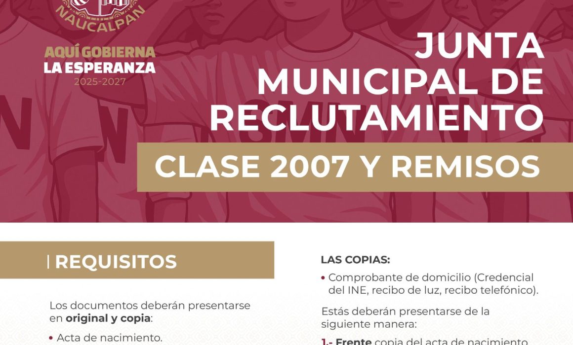 Naucalpan llama a jóvenes a regularizar su inscripción en el Servicio Militar Nacional antes de octubre