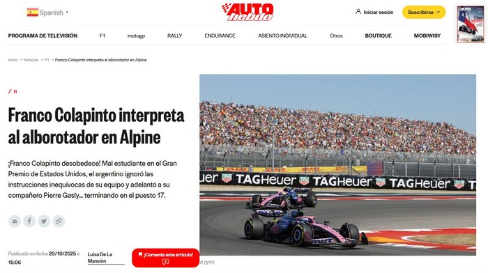 Polémica en la Fórmula 1: El polémico apodo de la prensa francesa para Franco Colapinto tras su maniobra en Austin