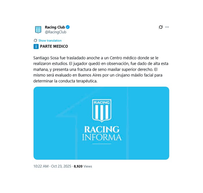 Racing confirma fractura facial de Santiago Sosa tras grave codazo de Marcos Rojo en Libertadores