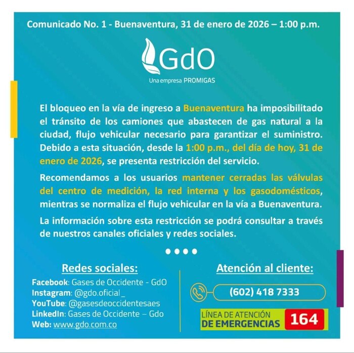 Reabren la vía a Buenaventura tras diálogo con transportadores; suspenden el servicio de gas mientras ingresan los camiones