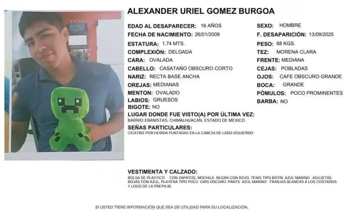 Urgente: Piden ayuda para localizar a Alexander de 16 años desaparecido en Chimalhuacán